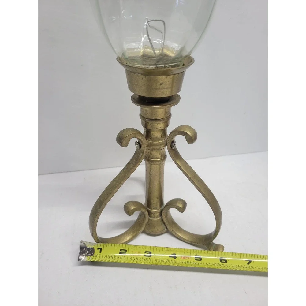 Vintage Brass Hurricane Candle Holder Scroll Tripod Base Scalloped Glass Shade